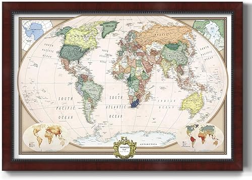 Miniatura 14 de Renditions Gallery - Lienzo artístico del mapa del mundo colorido con marco de nogal, arte de pared para viajes con pines de empuje para el hogar,