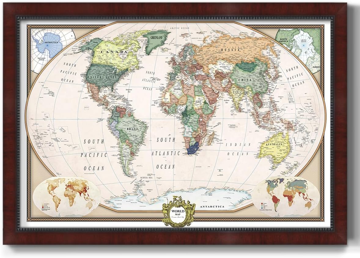 Renditions Gallery Colorful World Map Canvas Wall Art with Mahogany Frame Wall Hanging Travel Map with Push Pins for Living Room, Bedroom, Office Room