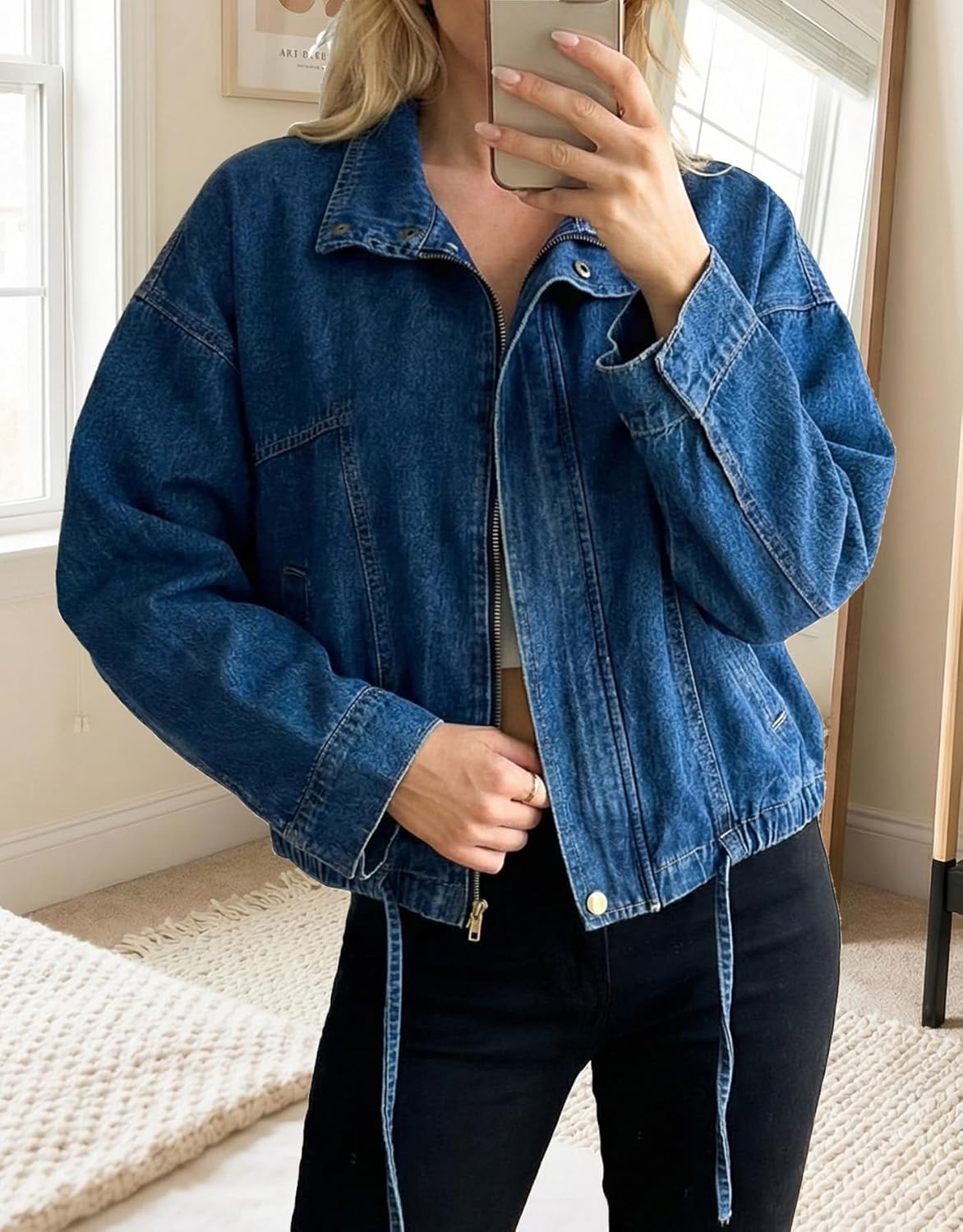 Ladyful Women's Oversized Jean Jacket Boyfriend Denim Bomber Jackets Shacket Long Sleeve Casual Trendy Zip Up Shirt Coat - Image 2