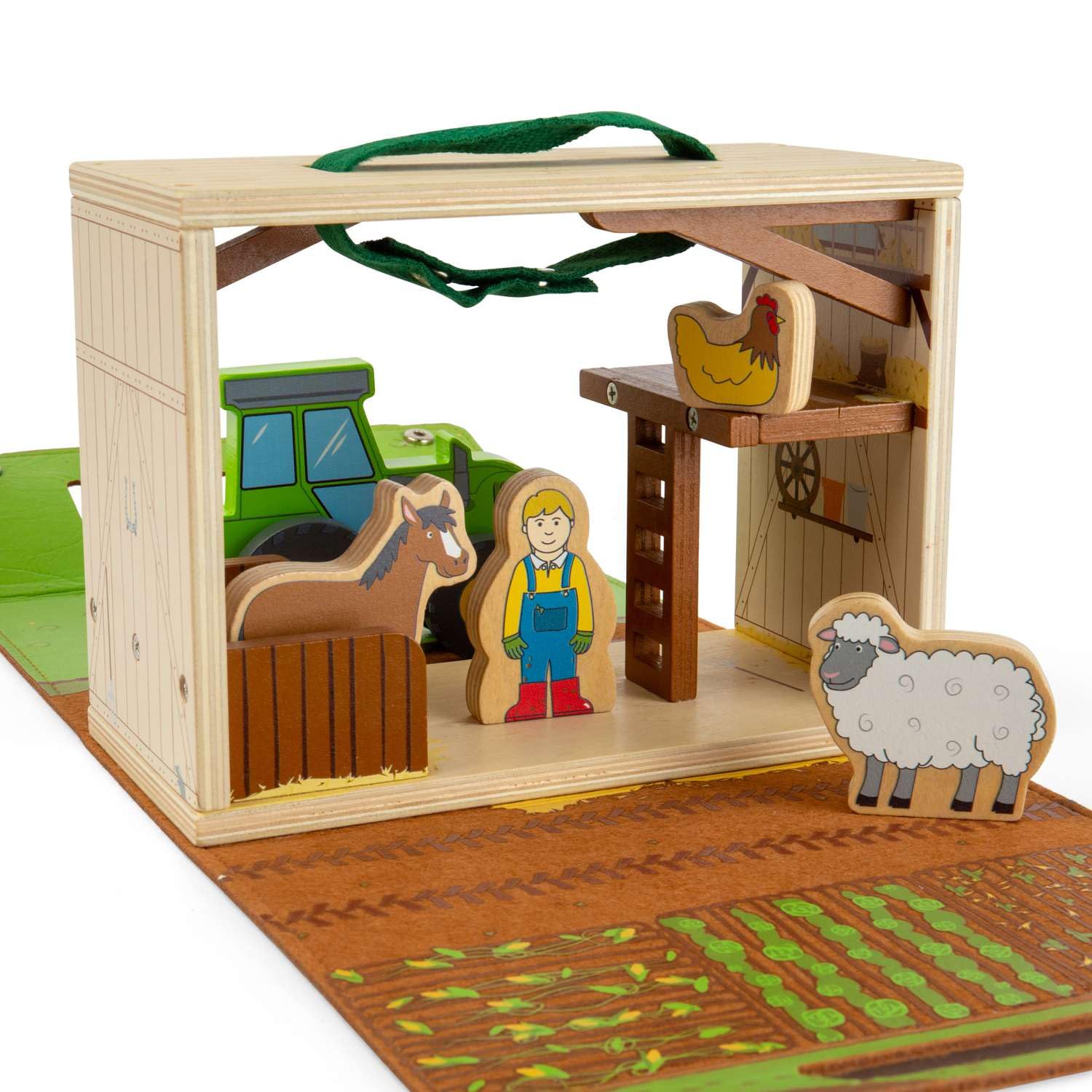 Bigjigs Toys Farm On The Go - Juego portátil de madera para niños, juguete de viaje con animales de granero, agricultores y tractores, juego interactivo para las vacaciones, divertidos juegos
