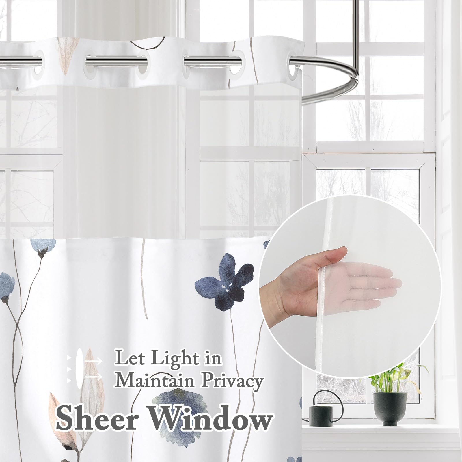 Gibelle No Hook Floral Shower Curtain with Snap-in Fabric Liner Set for Bathroom, Hotel Style Blue Beige Modern Flower Shower Curtain with See Through Top Window, Waterproof & Washable, 72x74