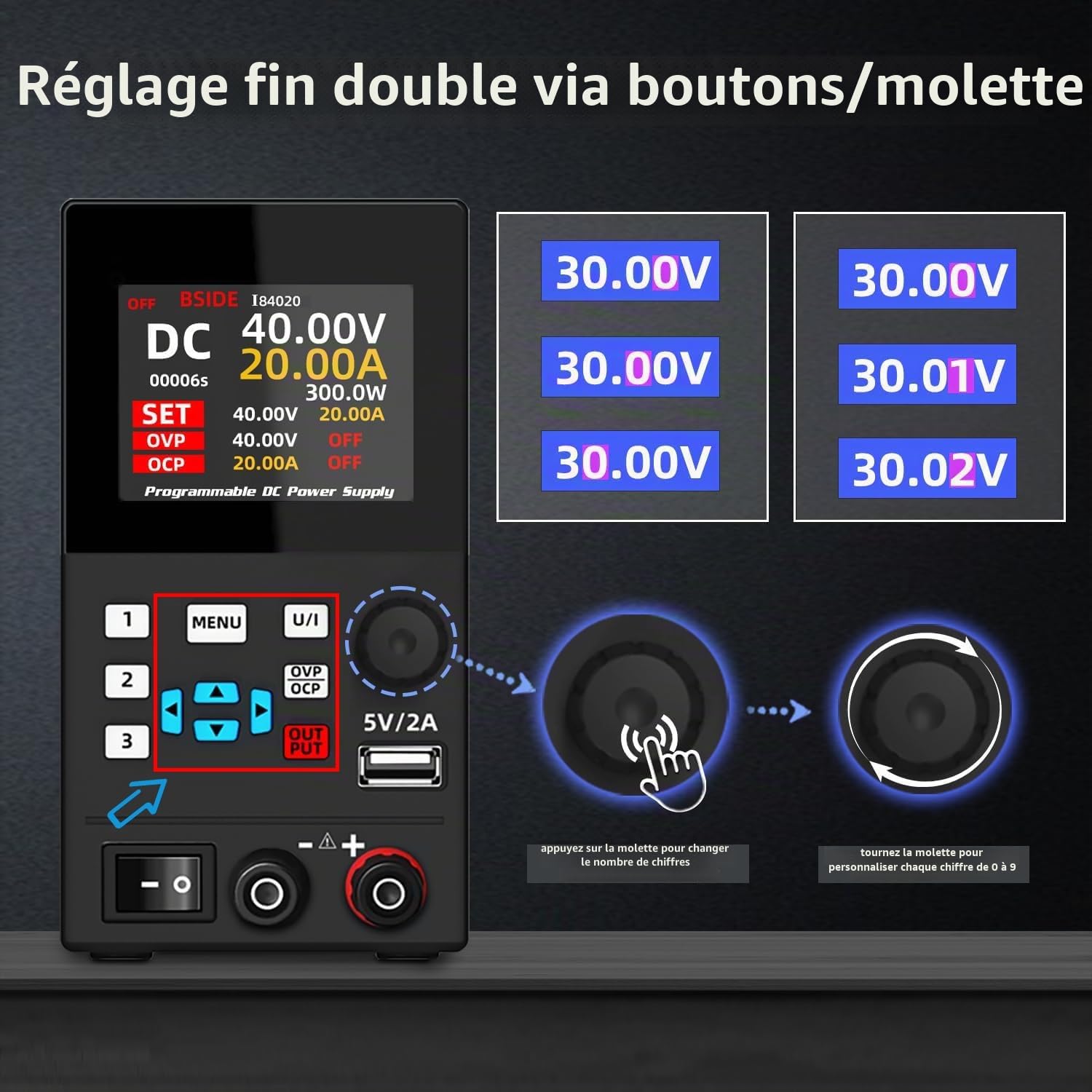 BSIDE Alimentation Laboratoire Programmable DC 40V 20A 300W Alimentation Stabilisée Réglable à Grande Plage et Double Réglage Affichage Couleur 4 Chiffres 6 Lignes Mini Alim de labo pour Électronique