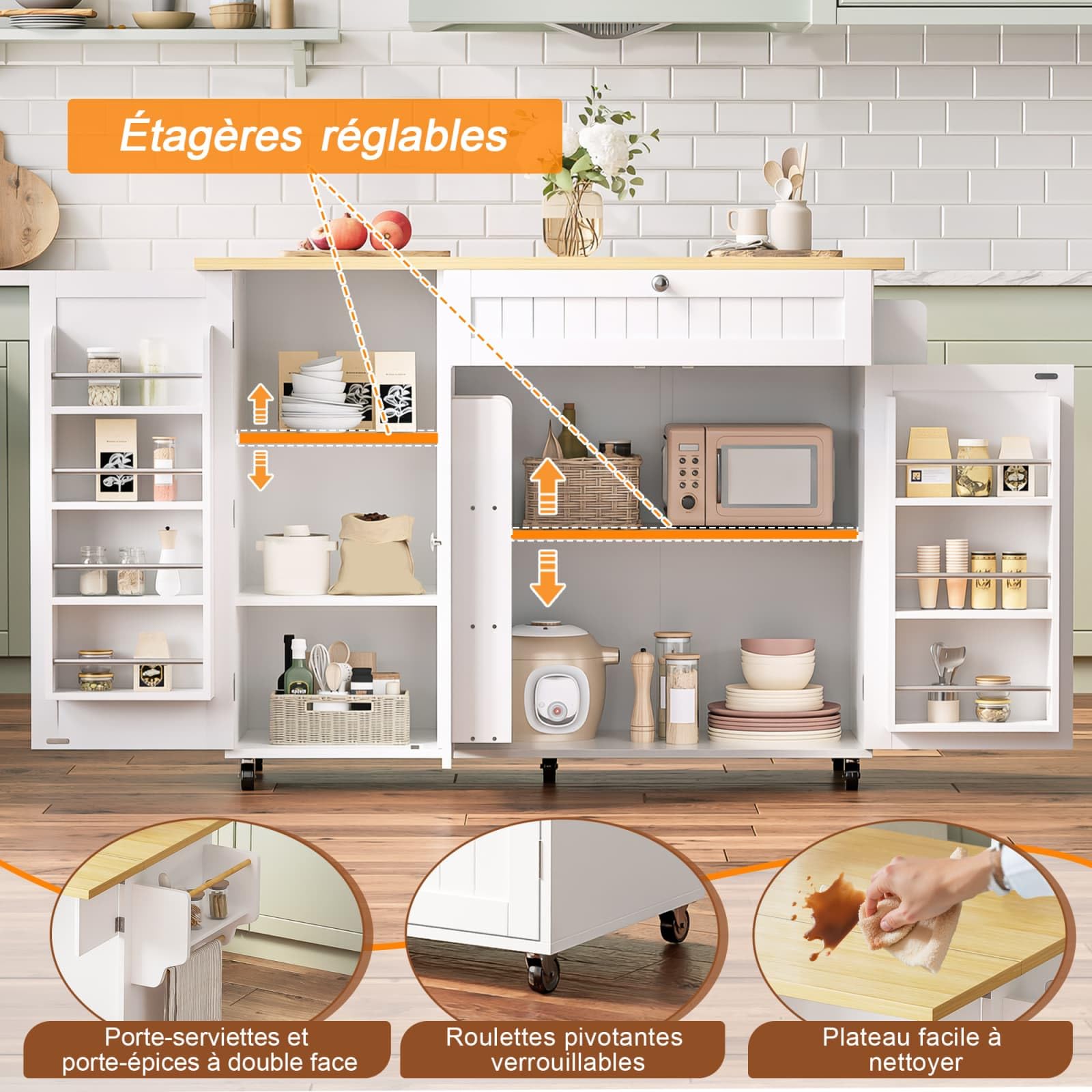 KOMHTOM Desserte de Cuisine à roulettes avec Plan Travail Rabattable Chariot Rangement Grand Tiroir Placard Blanc Bois(120cm Classique Blanc)
