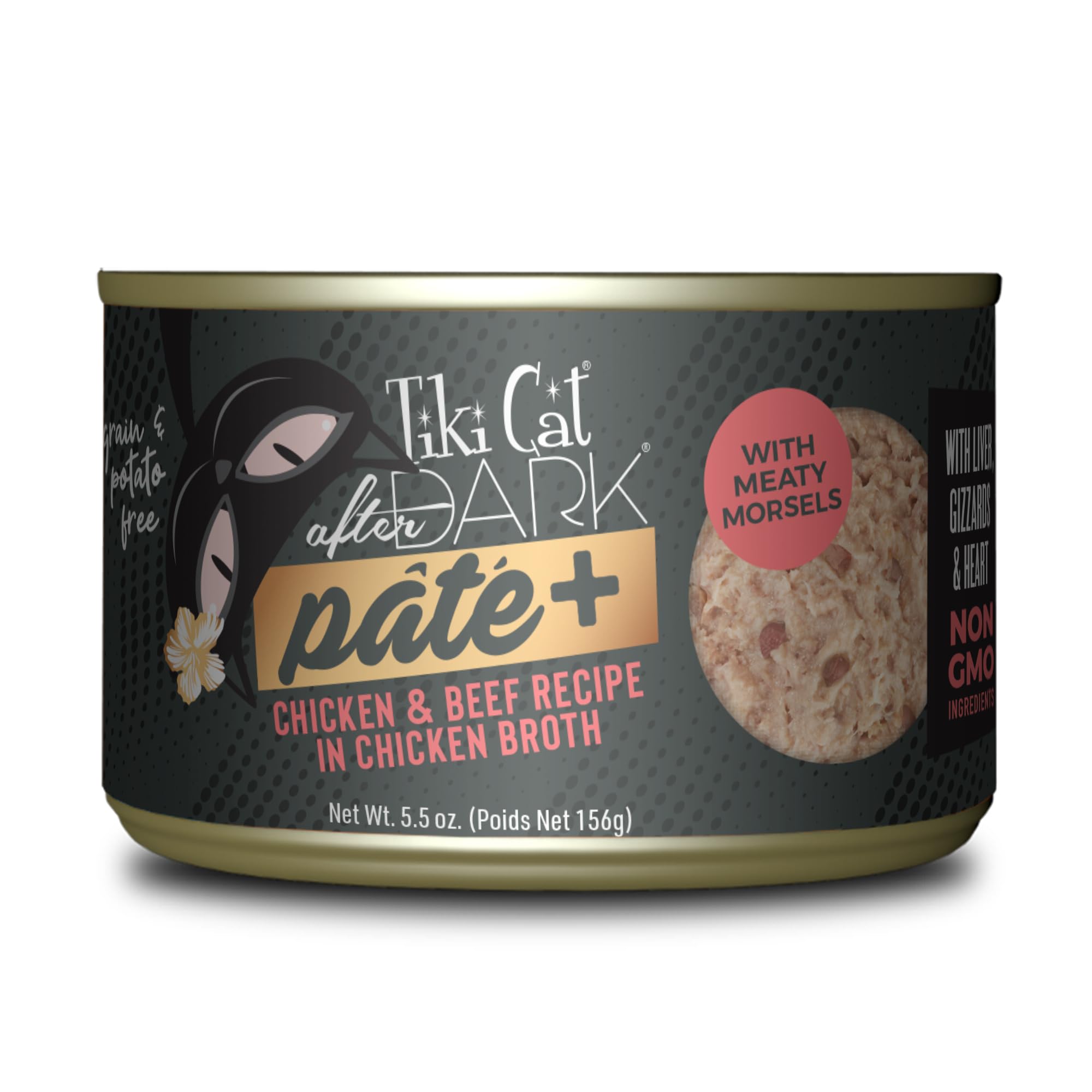 Tiki Cat After Dark Pate+, Chicken & Beef, High-Protein and 100% Non-GMO Ingredients, Wet Cat Food for Adult Cats, 5.5 oz. Cans (Pack of 8)