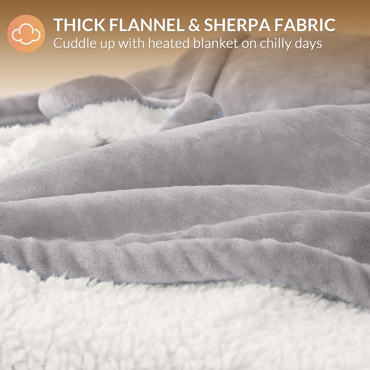 HOMLYNS LuxeHeat Heated Blanket Electric Blanket, Soft Flannel Sherpa Heated Throw, Heating Blanket with 5 Heat Settings, 3 hrs Timer Auto Shut Off (50x60 inches, Taupe) - Image 5