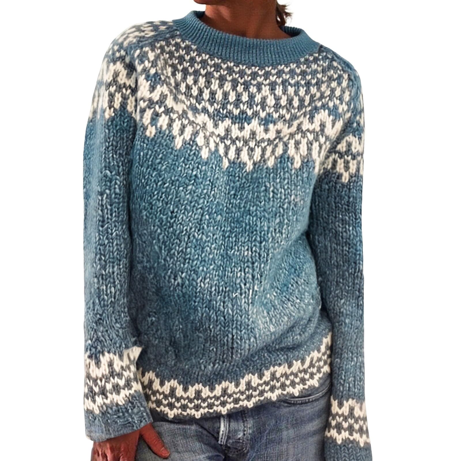 GOKKILRW Womens Fairisle Sweaters Vintage Colorful Icelandic Jumpers Long Sleeve Crewneck Knit Argyle Jacquard Pullover Tops