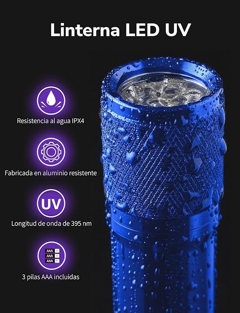 Foto 5 de 8 de Lepro Linterna Ultravioleta 395nm con 9 LED, 3 AAA Pilas Incluidas, Azul