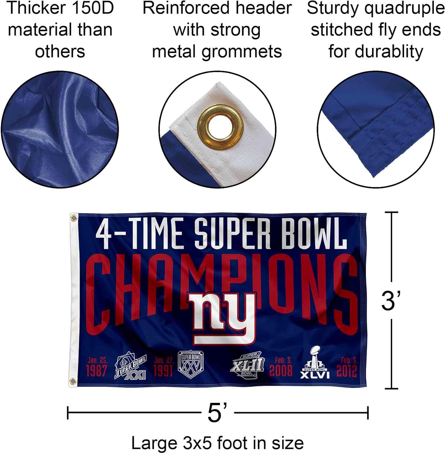 New York Giants 4X and 4 Time Super Bowl Champions Flag Outdoor Indoor 3x5 Foot Banner