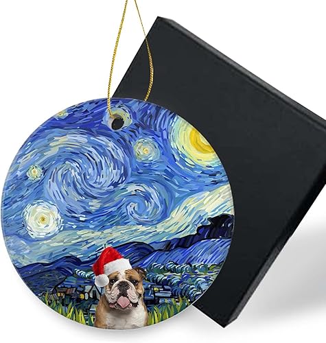 Adornos de Navidad de animales 2024, lindos bulldogs ingleses para perro, adornos de cerámica para árbol de Navidad, colgante, redondo, 3 pulgadas,
