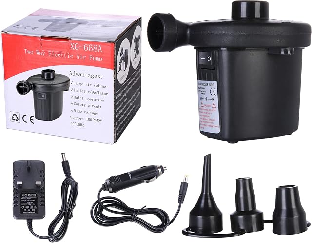 Nessuno ama Electric Air Pump Kit  High Power100- 240VAC  Quick-Fill Air Inflator & Deflator  for Garden, Kids Swimming Inflatables, Camping, Paddling Pools, Airbed, Sofa,  3 Nozzles Included