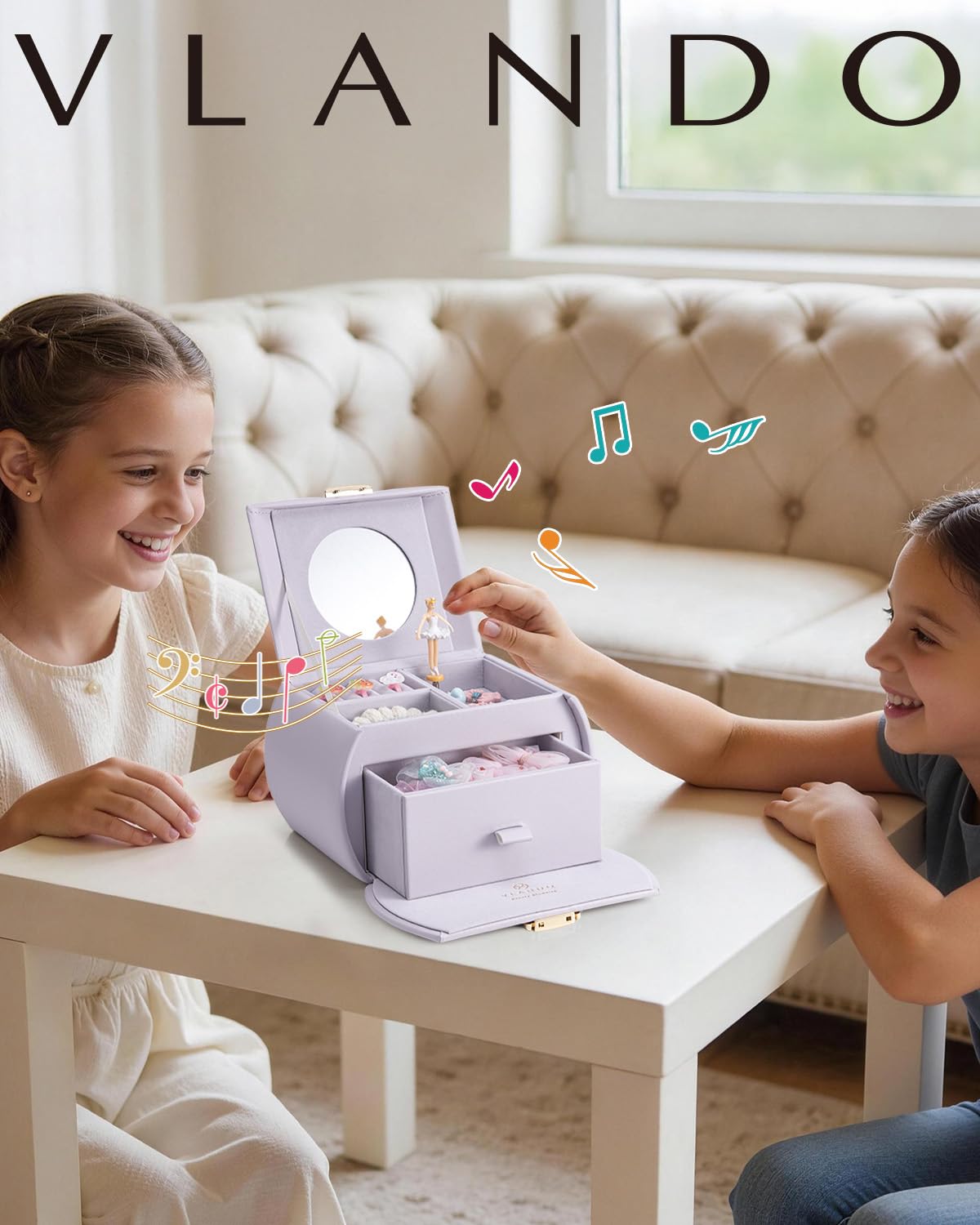 VLANDO Joyero para niñas con cajón, caja de música con bailarina y calcomanías para decoración de dormitorio, regalos para niñas y niños (morado niebla)