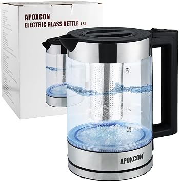 APOXCON Electric Kettle for Boiling Water 1.8L Tea Kettle with Removable Infuser, Borosilicate Glass Water Boiler with LED Light, Automatic Shut Off, Boil-Dry Protection, Cordless Serving & BPA Free