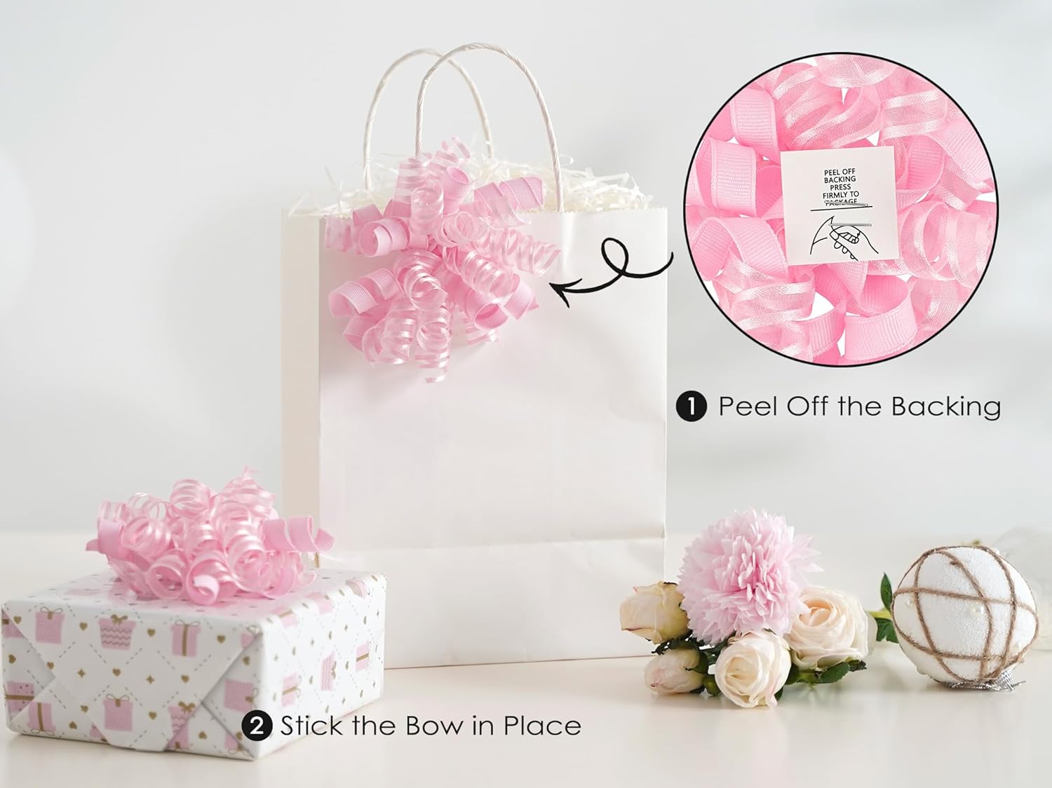 HUIHUANG Pink Gift Bows Self-Adhesive Curly Ribbon Bow 5 inch x 8 Counts Light Pink Bow for Gift Wrapping, Presents, Paper Bag, Baby Shower Favors, Wrapping Accessories, Party Decor - Image 3