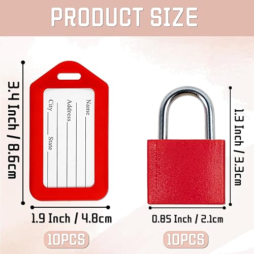 Miniatura 2 de Paquete de 10 candados para equipaje con llave + paquete de 10 etiquetas de viaje, etiquetas de equipaje para maletas, bolsas, etiquetas de nombre,