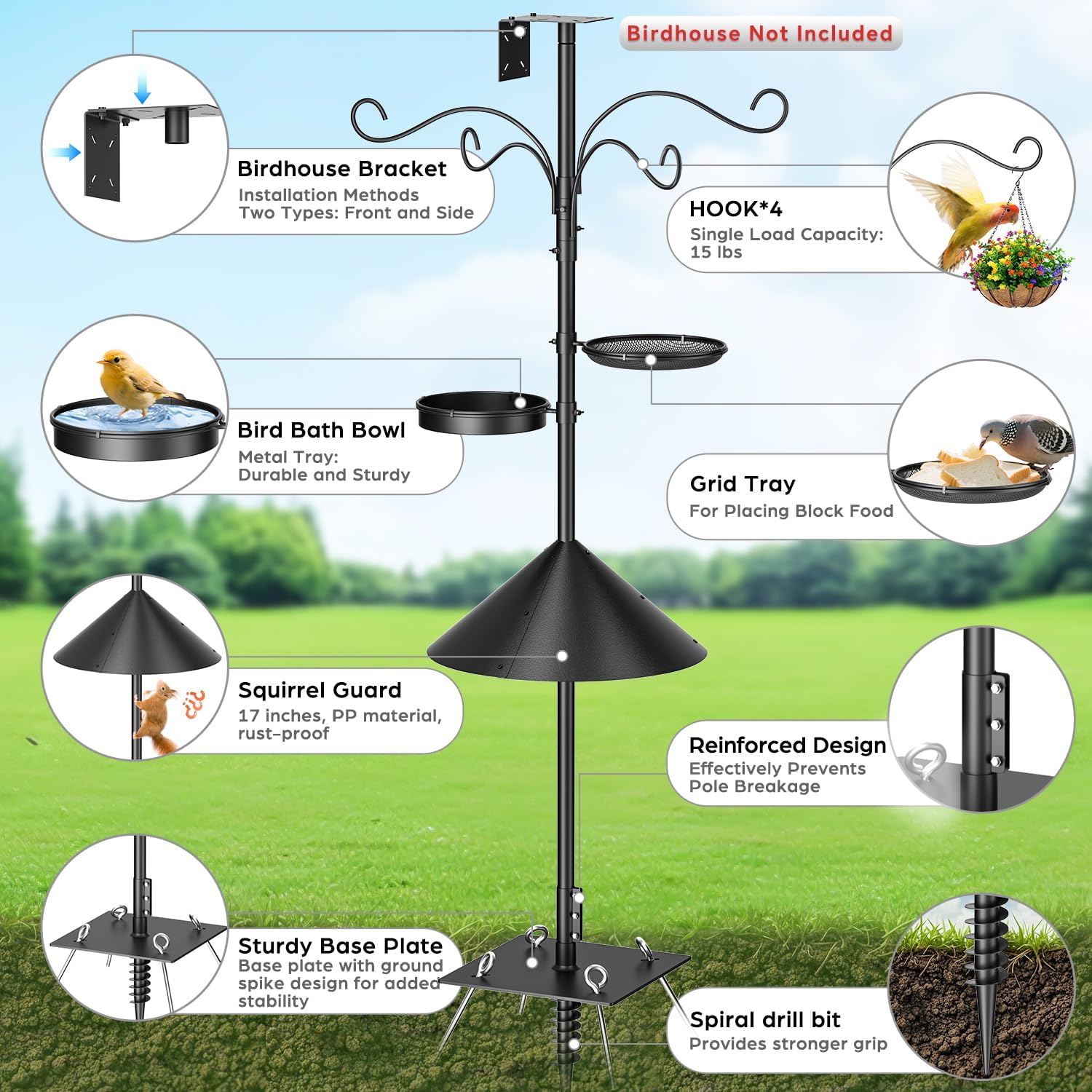 Upgraded Heavy Duty Bird Feeder Pole, 92 Inch Squirrel Proof Adjustable Bird Feeding Station,1 Inch Dia Bird House Pole, 4 Shepherd Hooks for Feeder Stand, Includes Water Bowl & Mesh Tray image 2