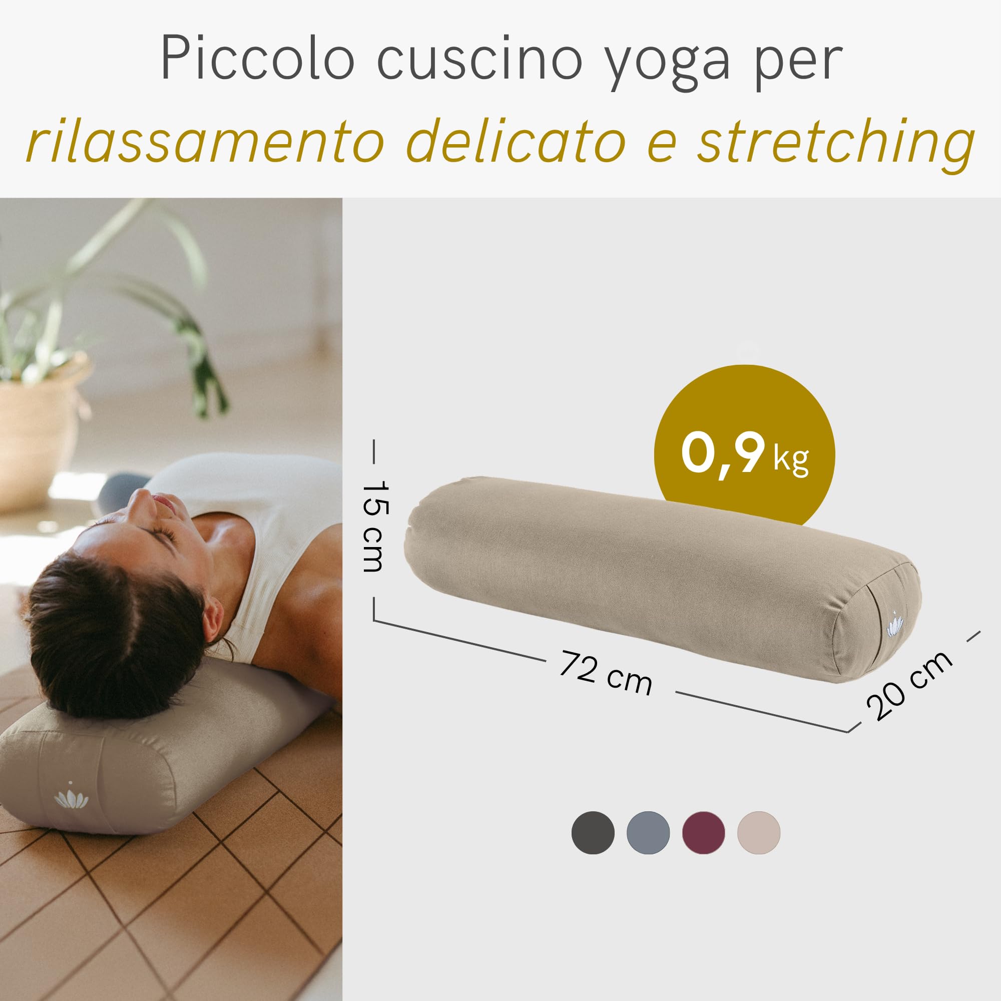 LOTUSCRAFTS Cuscino Yoga per Yin Yoga, rullo, fodera lavabile in cotone biologico, cuscino con imbottitura in kapok, rullo pilates, cuscino da meditazione