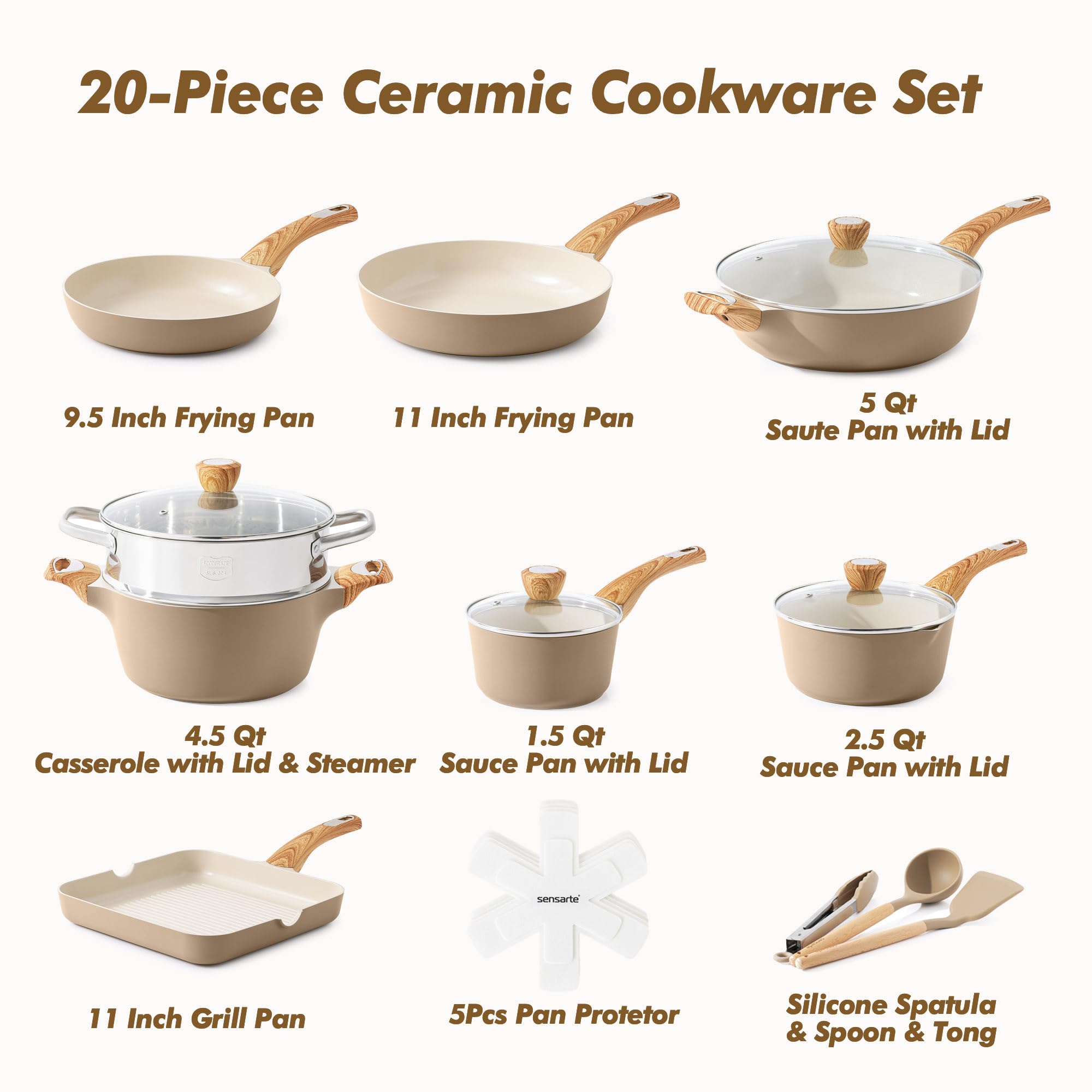 SENSARTE Set di pentole in ceramica, pentole e padelle antiaderenti, 20 pezzi di pentole a induzione, atossiche, salutari, antiaderenti, set da cucina con manici freddi, PFAS PTFE PFOA PFOS