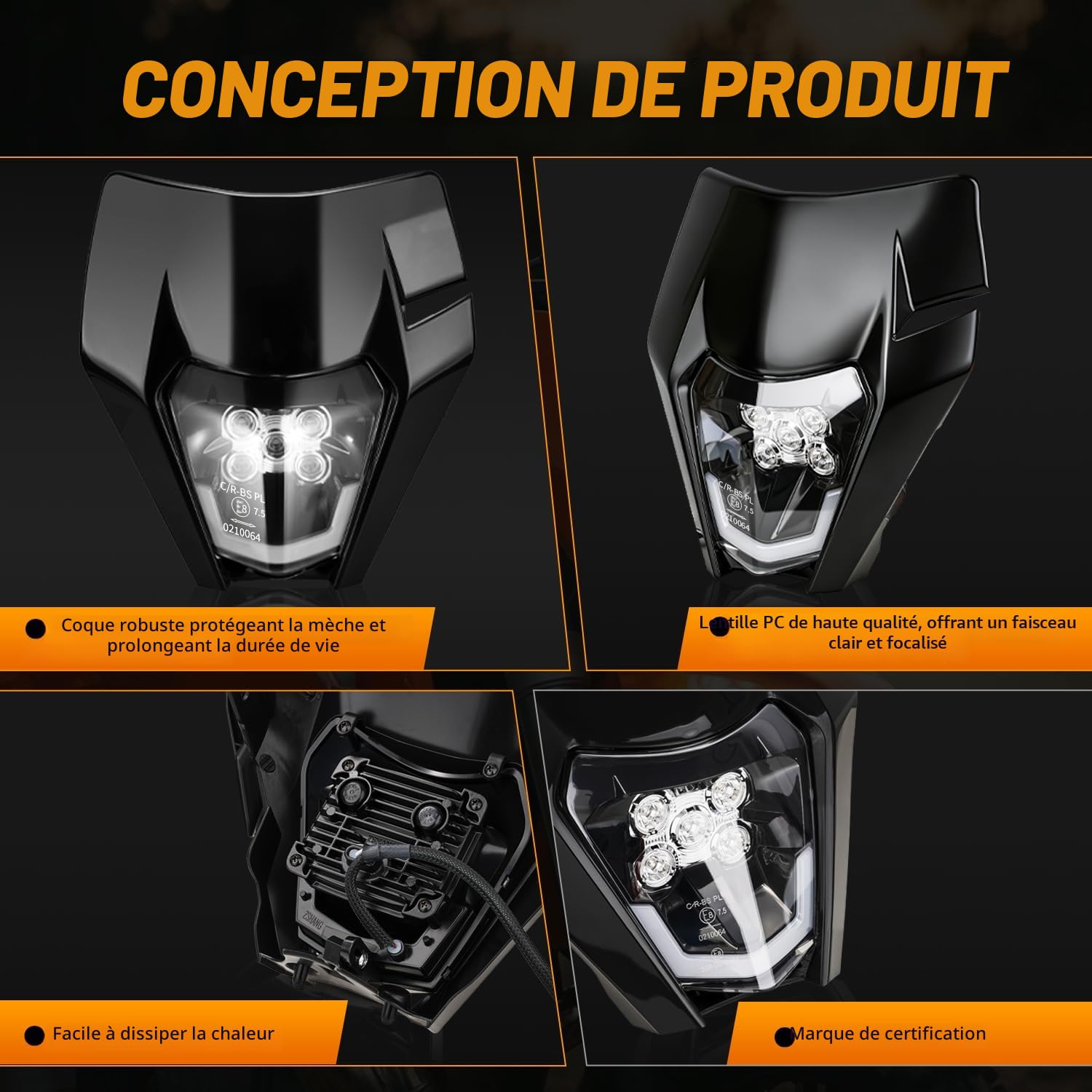 JFG RACING Plaque Phare Avant Moto,Phare LED Moto Universel-Noir | pour KTM EXC125 EXC250 SX250 SXF250 EXC450 SX350 SXF450 EXC525 640LC4 Dirt Bike Enduro Supermoto BETA Derbi 50cc