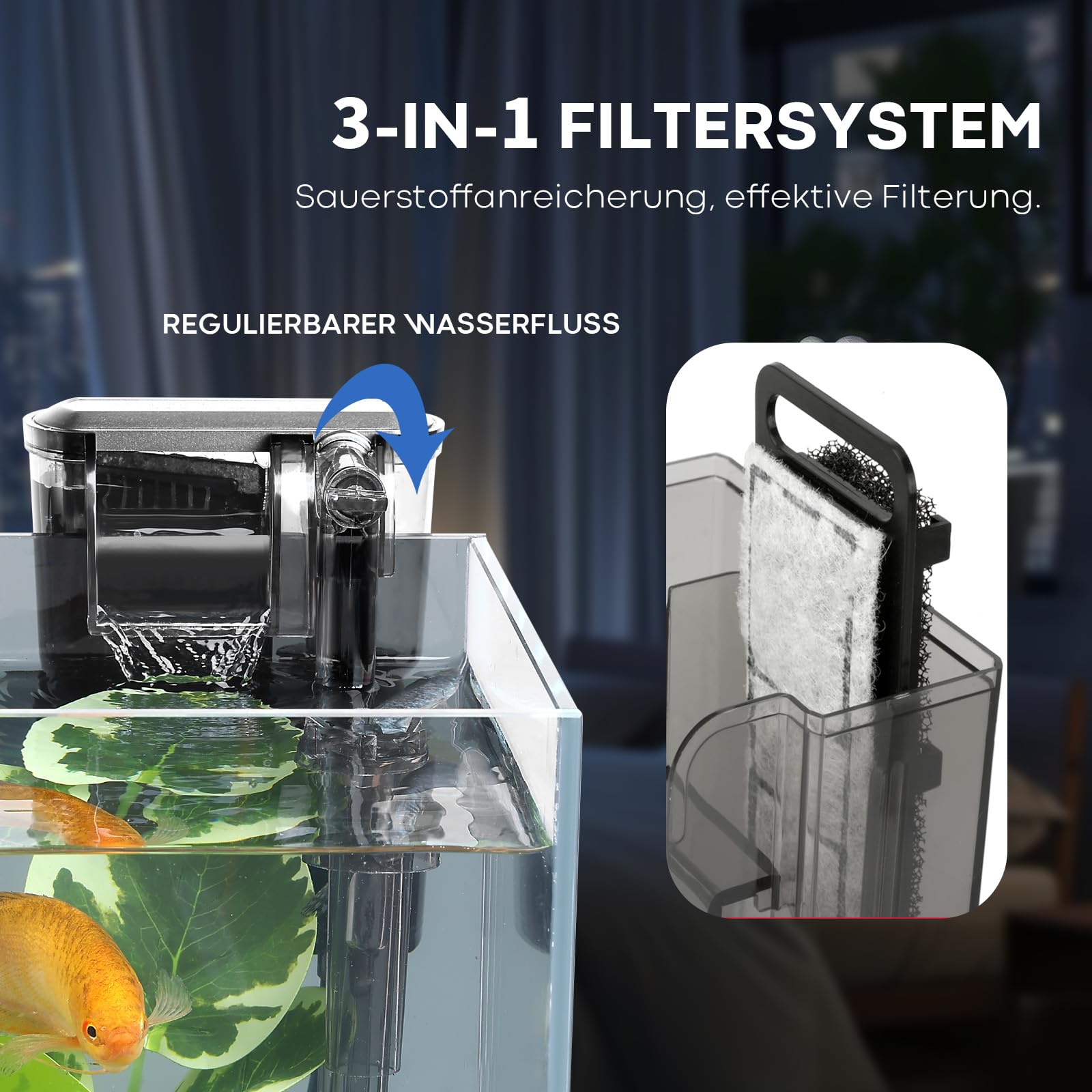 Aquarium Desktop-Set 10L Kleines Fischbecken 30x15x22, Ultra-Klares Glas mit Selbstreinigungsfilter, Helles Licht, Heizung, Steine,Kies, Reinigungswerkzeug, Randloses Fischglas für Anfänger Starterkit