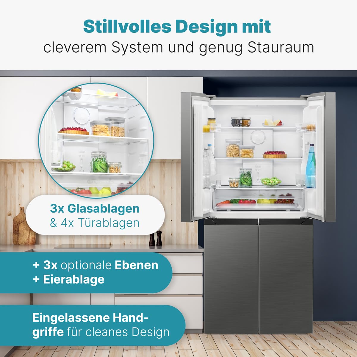Bomann French Door Kühlschrank No Frost | Kühl-Gefrier-Kombinationen mit Total No Frost | Kühlschrank mit Gefrierfach 362L | Side by Side mit MultiAirflow-System | KG 7358 inox