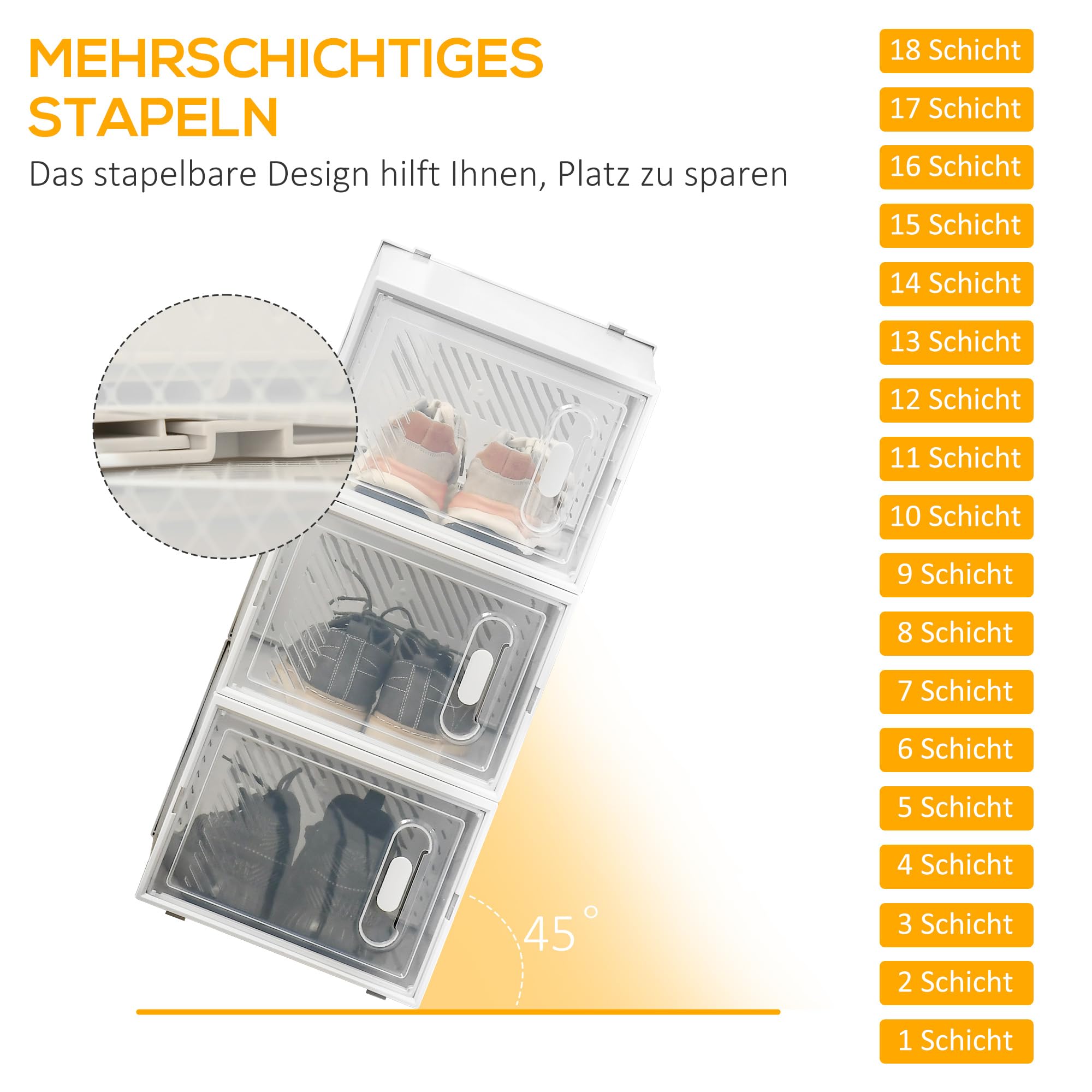 HOMCOM Schuhboxen 18er Set Stapelbar, bis Größe 45, Transparent+Weiß | Schuhkarton, Schuhorganizer, Schuhaufbewahrung, Aufbewahrungsboxen, Schuhschrank, Regalsystem, Transparent Tür