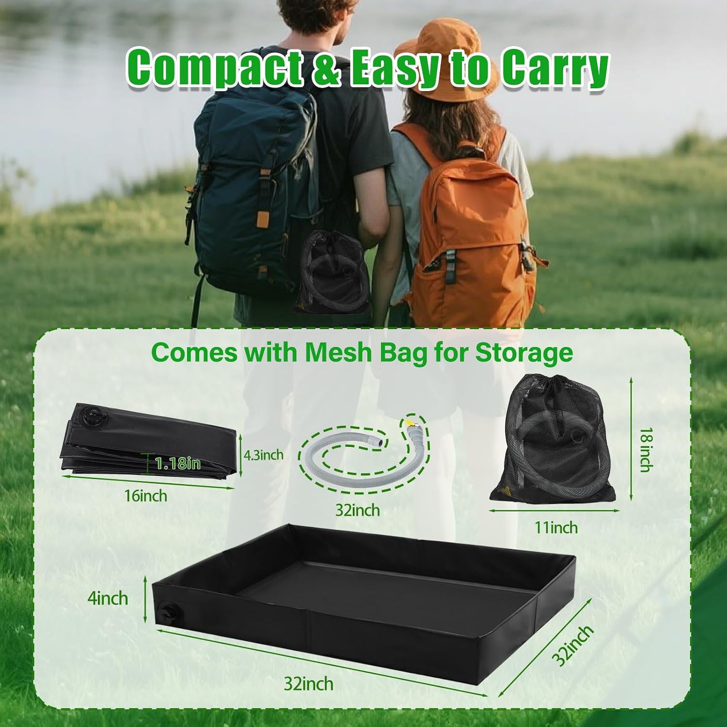 InkTrail Portable Camping Shower Pan 32" x 32" with Detachable Hose