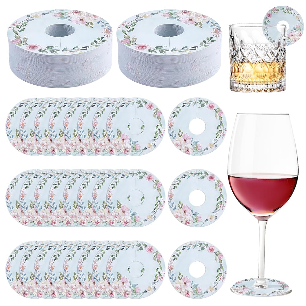FINGERINSPIRE 150PCS Paper Drink Name Tags 71mm Diameter Round Colorful Floral Wine Glass Markers Flower Paper Drink Markers for Wedding Receptions Garden Parties Events and Celebrations