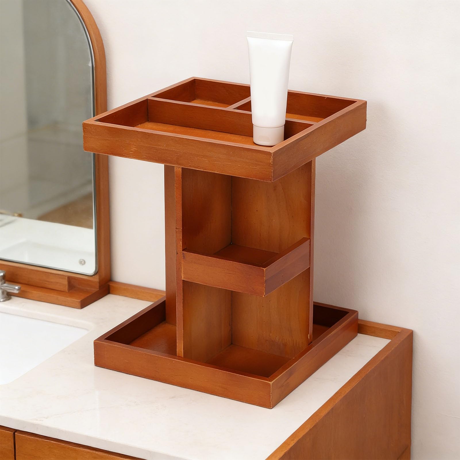 Organizer per trucchi ruotante a 360° in legno con scomparti multipli, portaoggetti da scrivania, espositore per cosmetici, espositore per cosmetici, portaoggetti