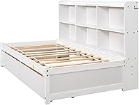 Vista 32 de Cama de plataforma individual con estantería lateral, plataforma moderna con cajones de almacenamiento, marco de cama de madera maciza