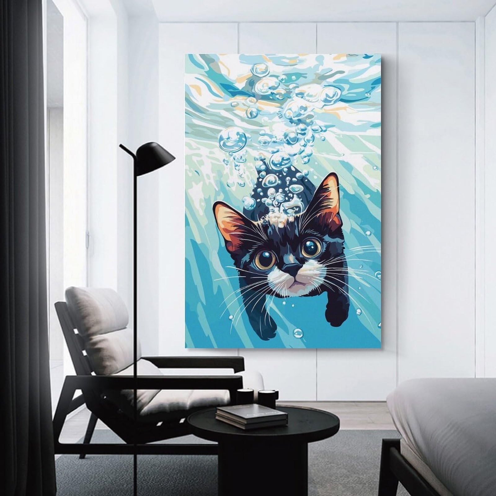 Junmoney Unframe-Style-10 Canvas Art Print Cat Underwater With Bubbles Illustration, 16X24inch(40X60cm), For Office, Study Or Home Workspace, Wall Art That Adds Style To Work Areas