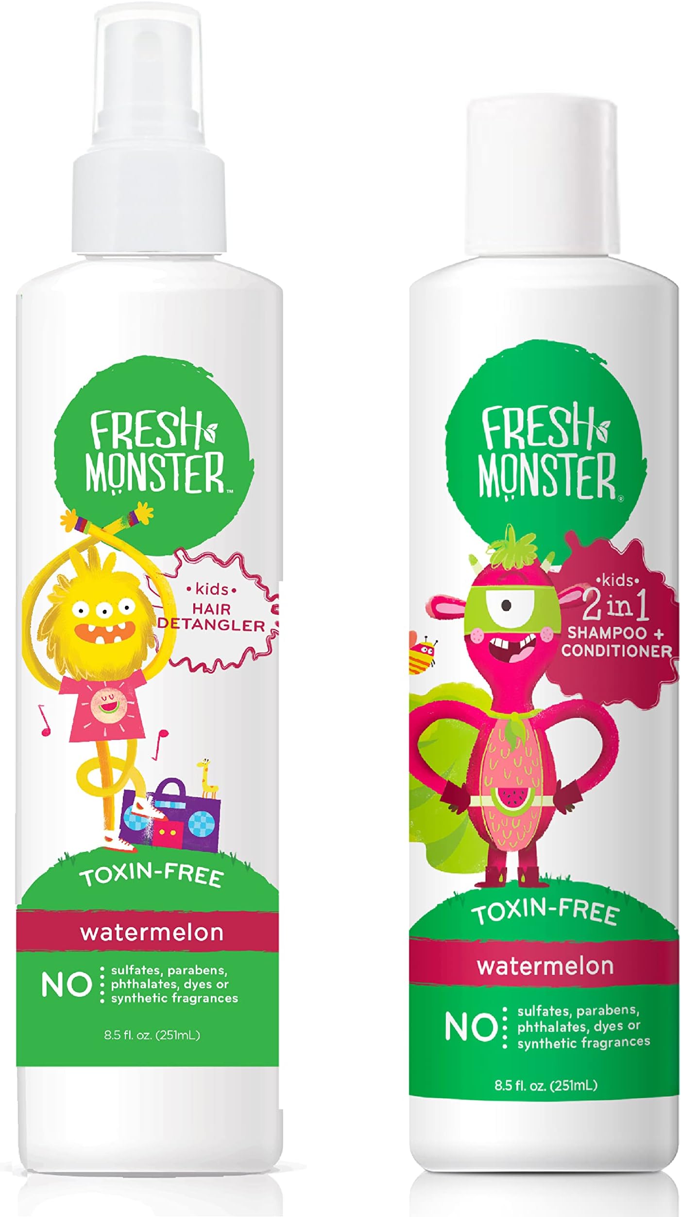 Fresh Monster Kids Hair Detangler Spray & 2-in-1 Shampoo & Conditioner Combo, Toxin-Free, Hypoallergenic & Natural, Watermelon (8.5 oz Detangler & 8.5 oz 2-in-1 Shampoo & Conditioner)
