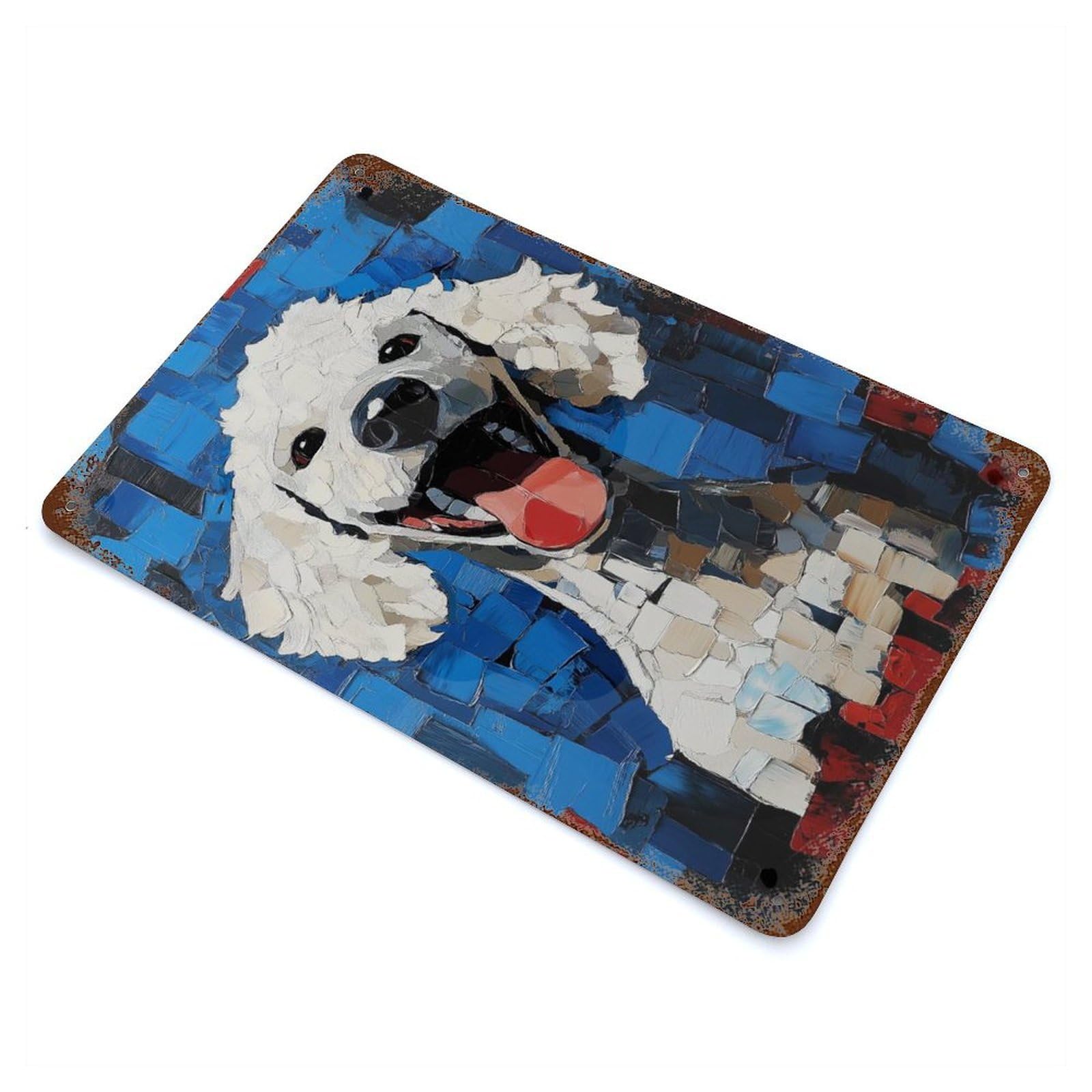 Vintage Rust Metal Sign with Smiling Poodle Painting Design 11.8"x7.9", for Farmhouse, Kitchen And Entryway Decor, Novelty Wall Decor