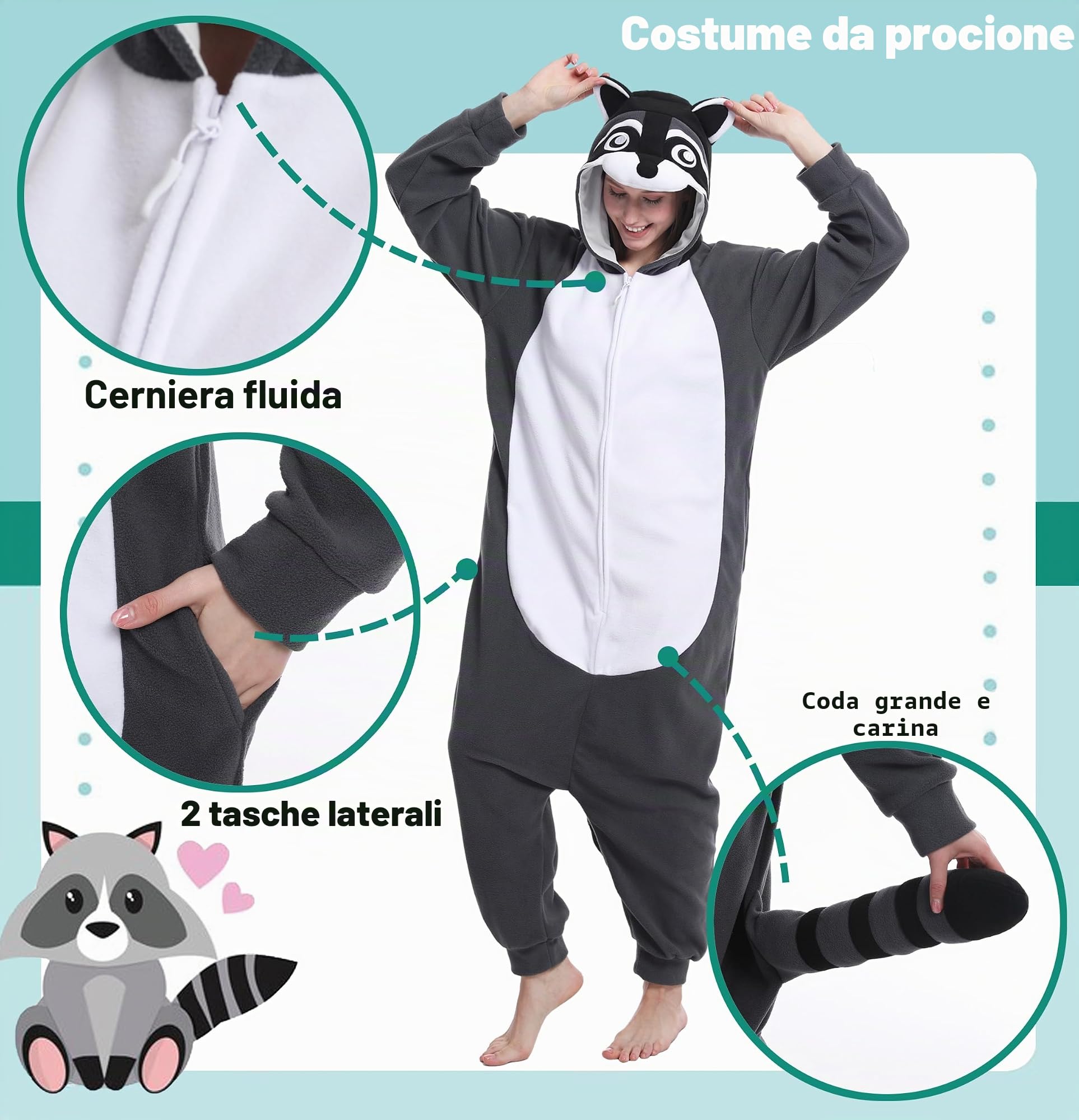 dressfan Unisex Pigiama da Procione Onesie Costumi,Grigio Animali Monopezzi Pigiama Halloween Carnevale Costumi e Cosplay,Regali di Natale per Donna Uomo