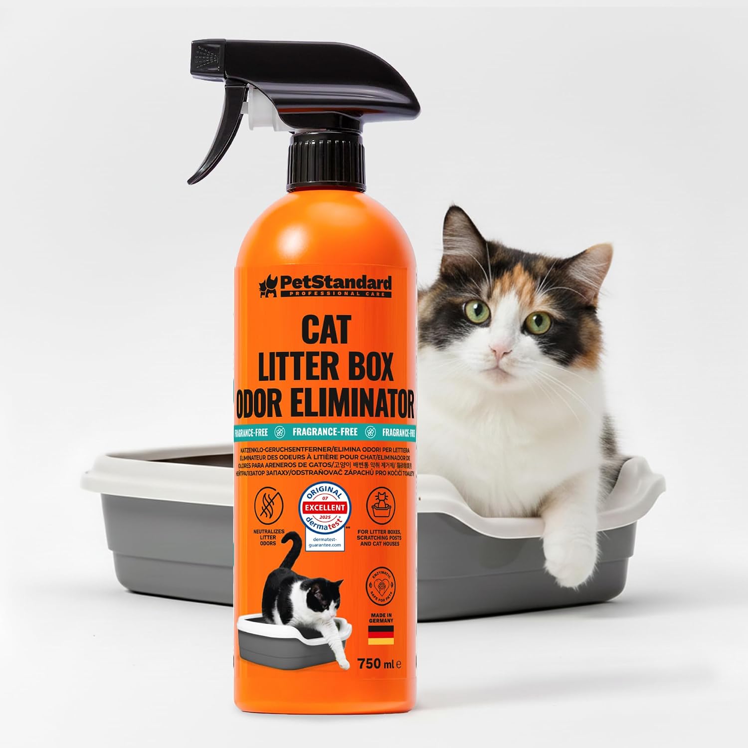 PetStandard Środek do czyszczenia enzymatycznego moczu kota 750 ml – kuweta dla kota neutralizator zapachów w sprayu – skuteczny i bezzapachowy środek do usuwania zapachów do kuwety dla kota – Made in