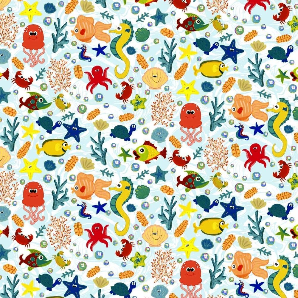 Sea Critter Friends Design 100% Cotton Quilting Fabric by The Yard (Light Blue, Yellow, Red, Orange)