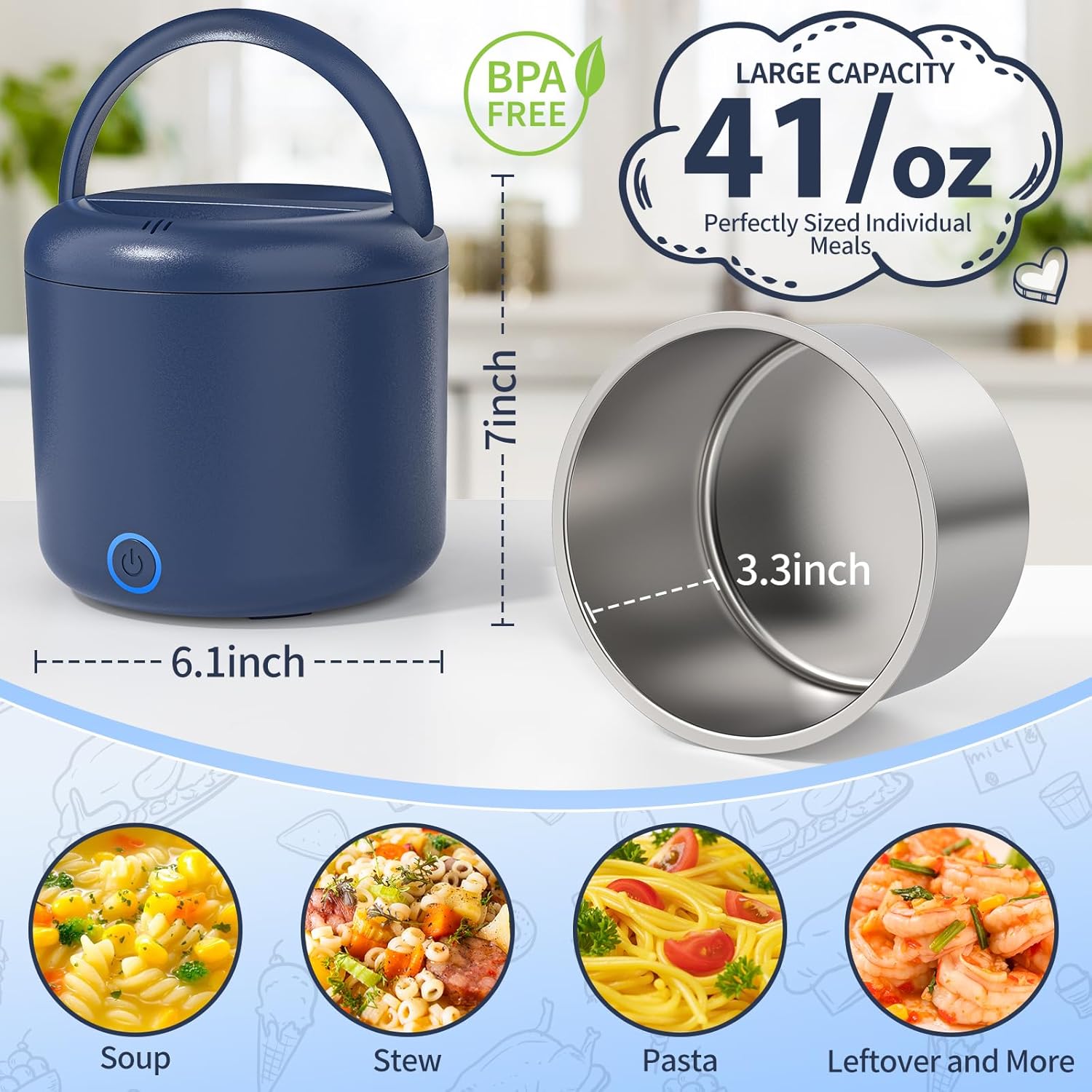 41-Ounce Electric Lunch Box 80W Heated Lunch Box, Portable Food Warmer for Work with 1.2L 304 Stainless Steel Container 12V/24V/110V/220V Compatibility Car Truck Valentine's Gift for Men Woman - Image 2