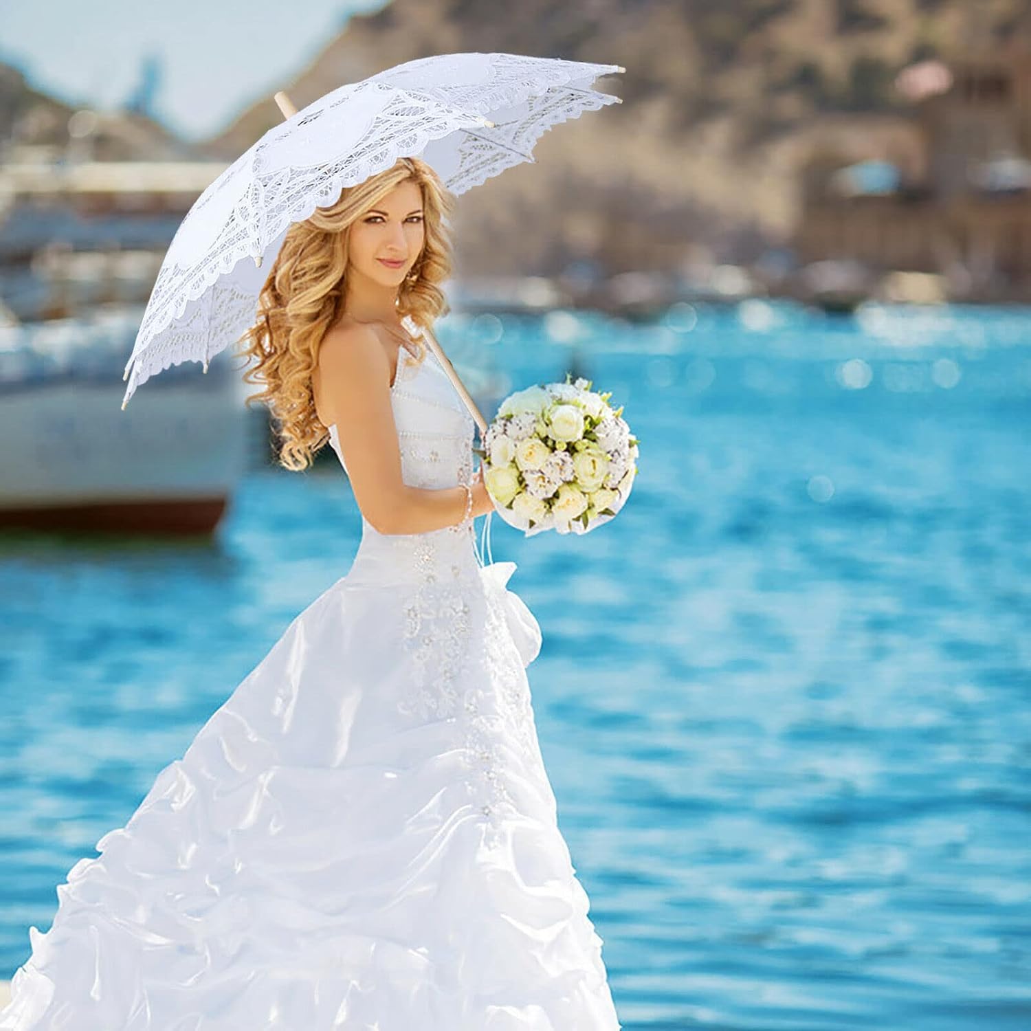 Große Braut Hochzeit Romantische Dekoration Regenschirm Spitze Sonnenschirm Sonnenschirm Fotografie Regenschirm 68cm Baumwolle