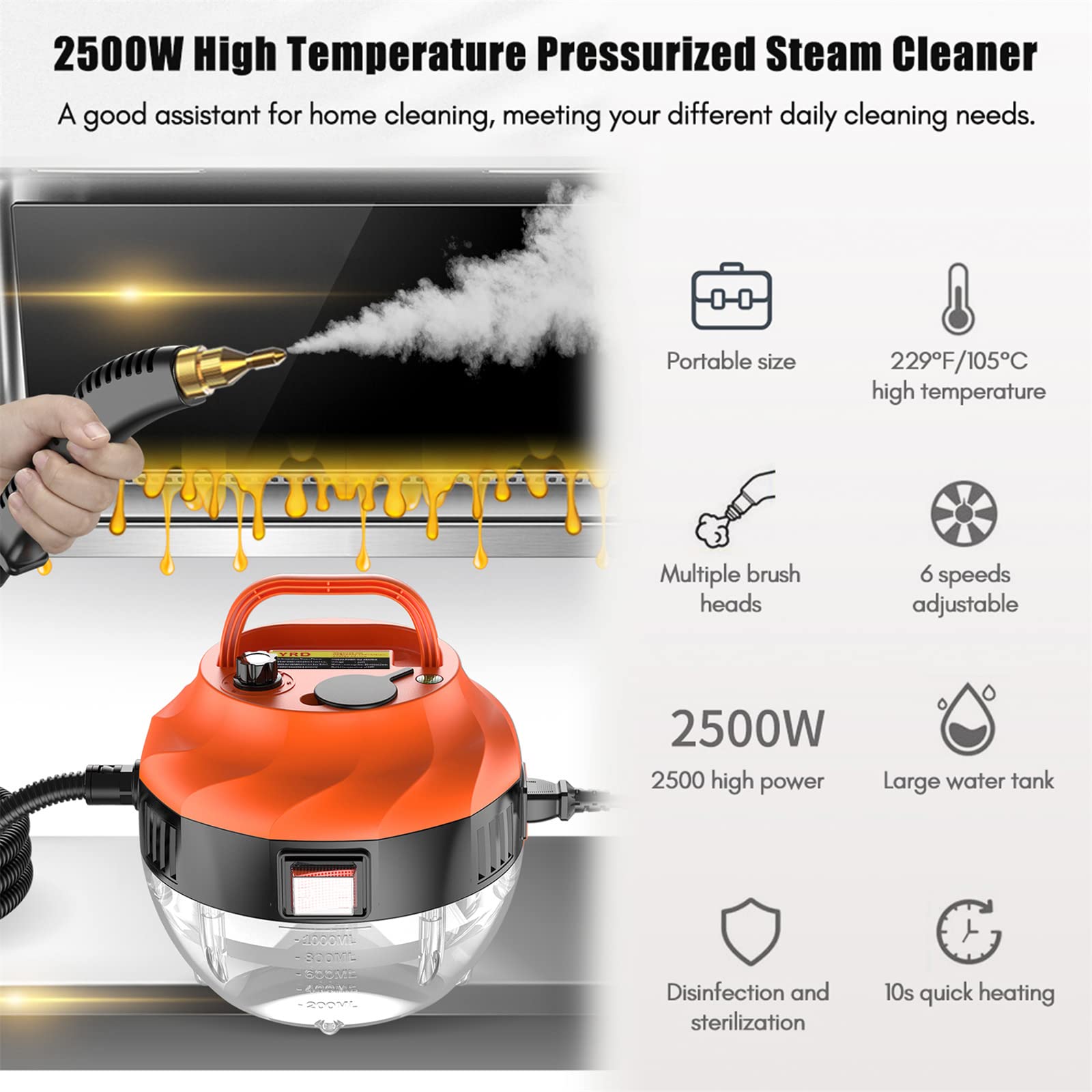 Wysokociśnieniowy odkurzacz parowy o mocy 2800 W, przenośna, przenośna maszyna do czyszczenia parą w wysokiej temperaturze do kuchni, mebli i samochodów z fugami łazienkowymi, z zestawem narzędzi do