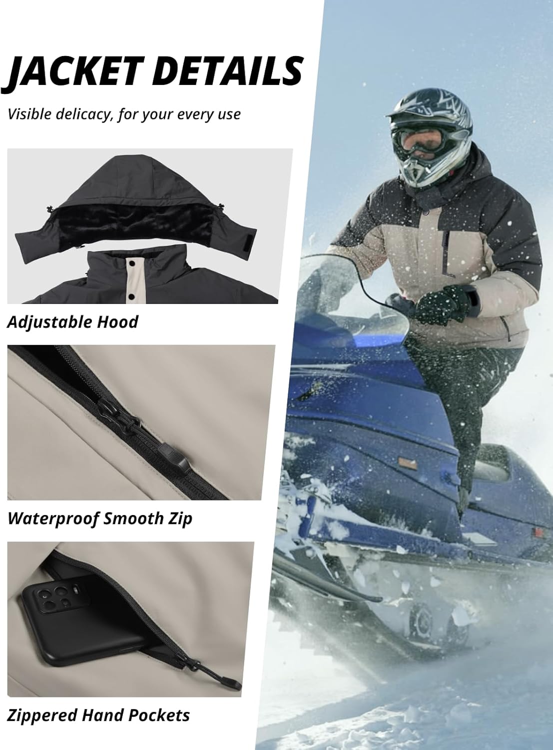 CAMEL CROWN Men's Winter Ski Jacket Mountain Snow Coats Waterproof Detachable Hood Windproof Fleece Rain Jackets - Image 5