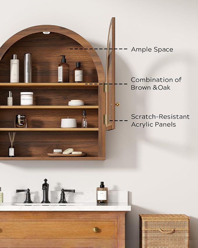 Armario de pared con arco, armario flotante para baño, gabinete de almacenamiento moderno con puerta acrílica y estante abierto, organizador de almacenamiento montado en la pared para baño y lavandería, color marrón miniatura 4