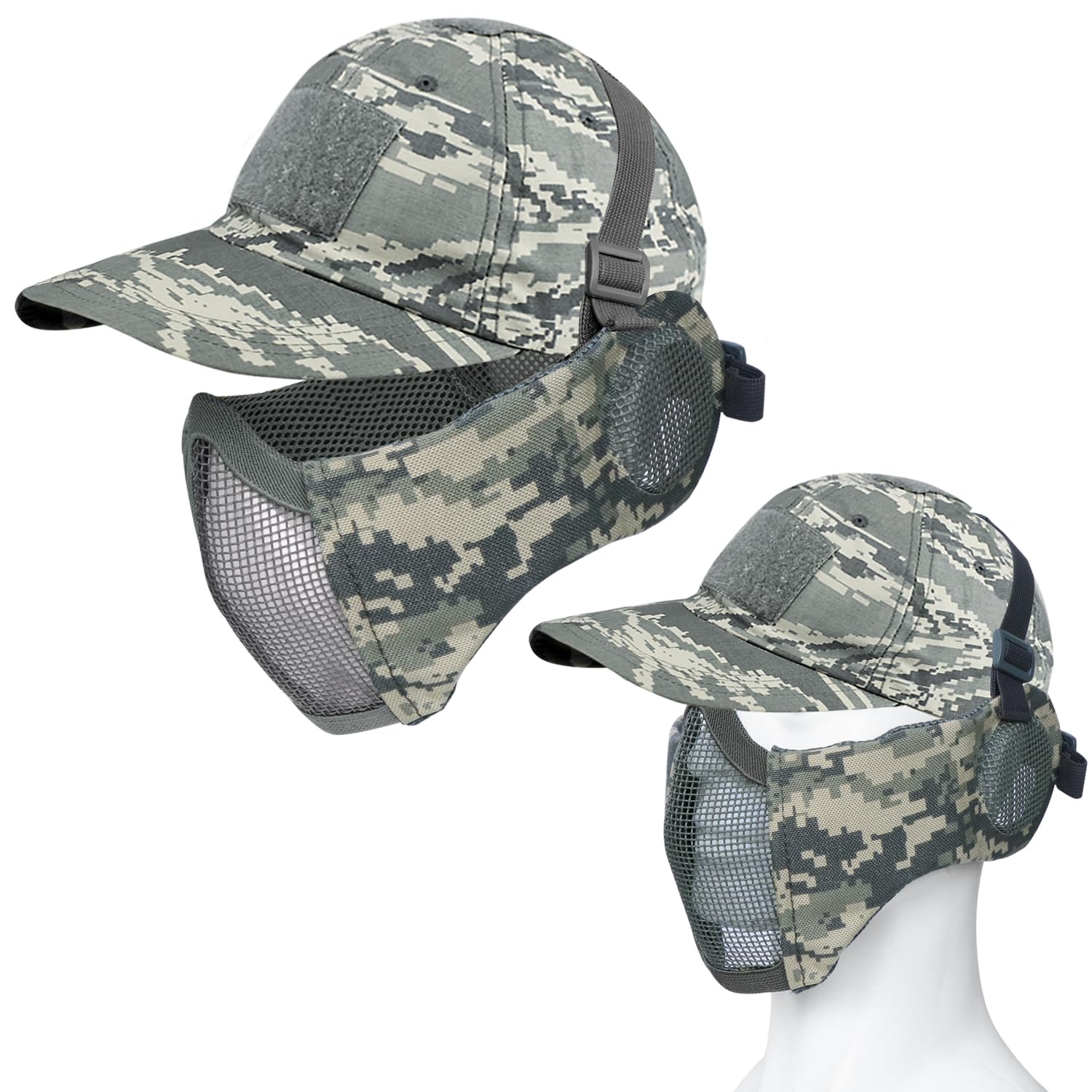 Airsoft - Juego de máscara de media cara y sombrero, máscara de malla de acero con protección para los oídos y gorra de béisbol, máscara protectora táctica para juegos CS, pistola BB, paintball, caza, tiro