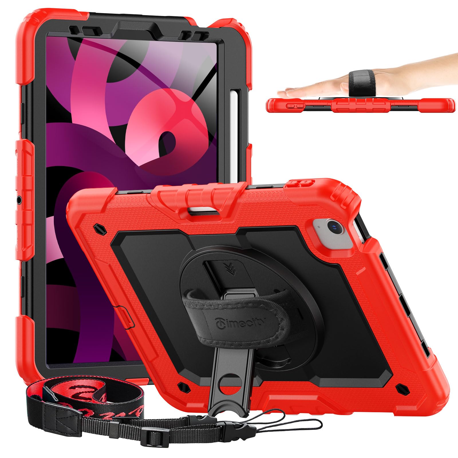 Timecity Case for iPad Air 10.9 inch 2022/2020, Full-Body Drop Protection Case with Screen Protector & Swivel Stand, Hand Strap+Shoulder Strap Cases