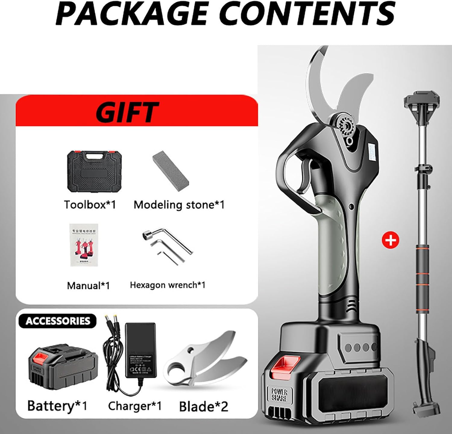 Cordless Pruner,Electric Pruning Shears,with Extension Pole,1-78mm Cutting Diameter, For Hedge, Branch, Fruit(Size:1*Battery)