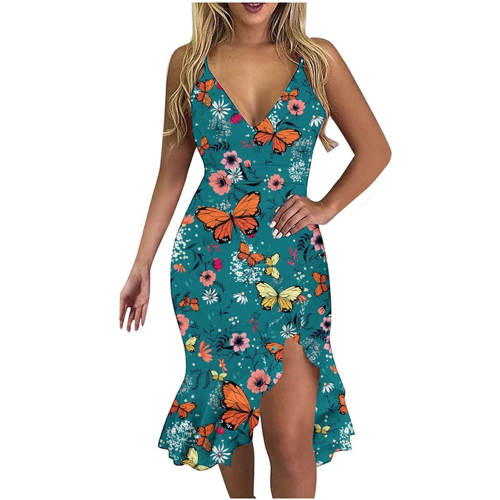 Ke1CloLoose Summer Dresses for Women us Women Sexy V-Neck Sleeveless Ruffle Low-Cut Splicing Printing Slit Sling Dresses