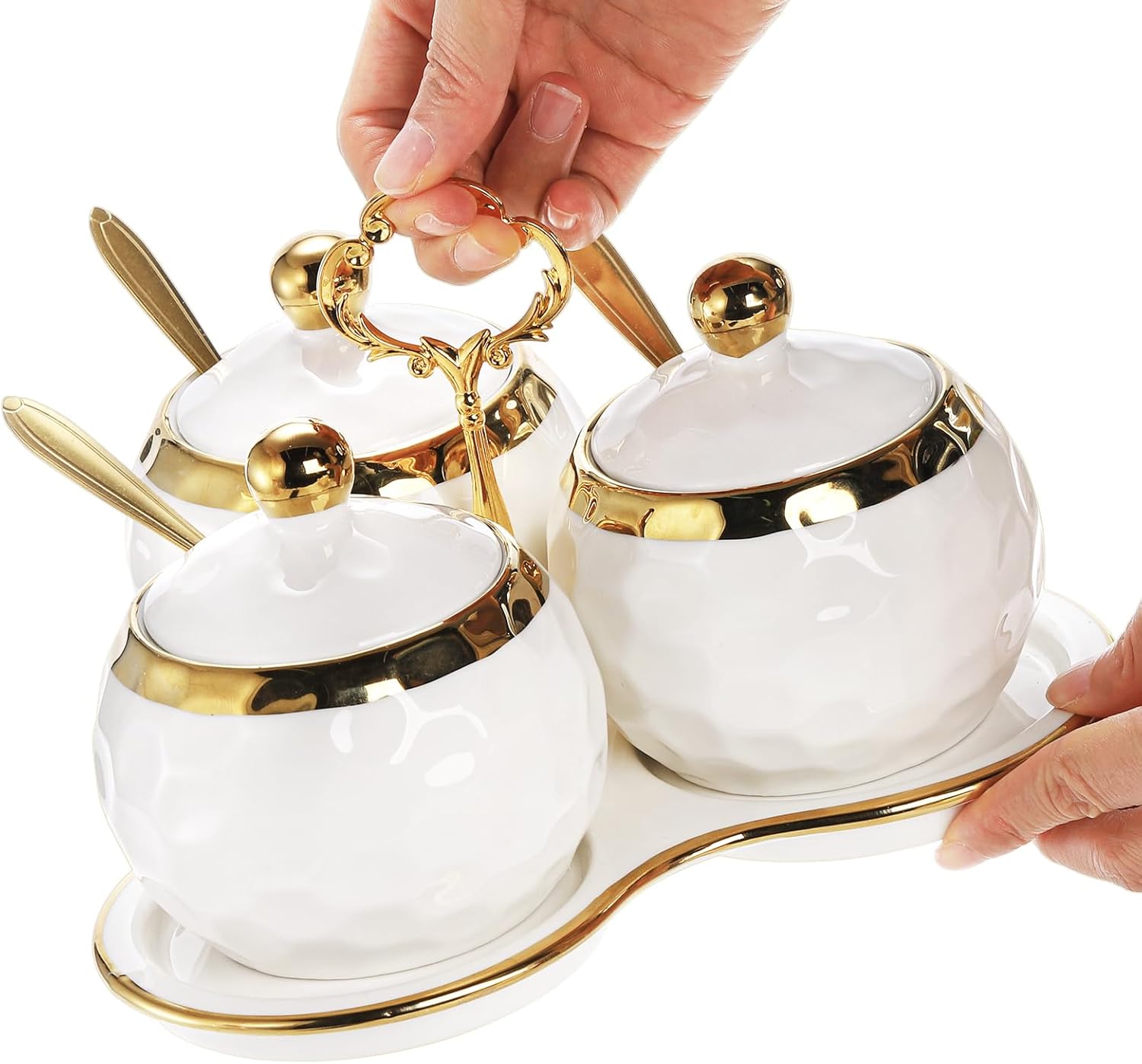 Foraineam Porcelain Condiment Pot Sugar Bowl Spice Jars with Lid, Spoon and Tray, Salt Container Spice Box Seasoning Pots, White Sugar Salt Bowls Set for Kitchen, Restaurant, Coffee Bar, Set of 3