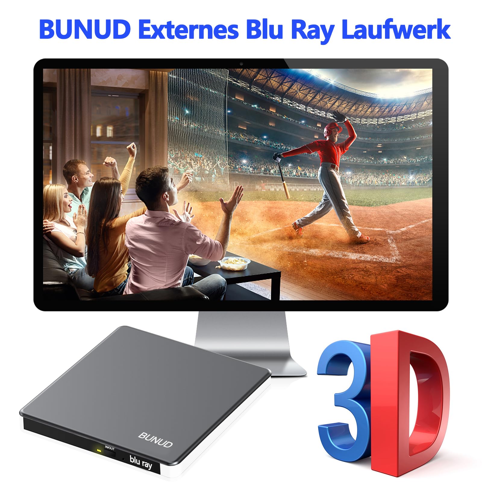 BUNUD Externe Blu Ray CD DVD Laufwerk USB 3.0 Type C Externer CD/DVD Blu-ray Brenner Writer 3D BD Portable Bluray Laufwerk Drive für PC Laptop Windows 11/10 Mac MacBook Pro/Air iMac