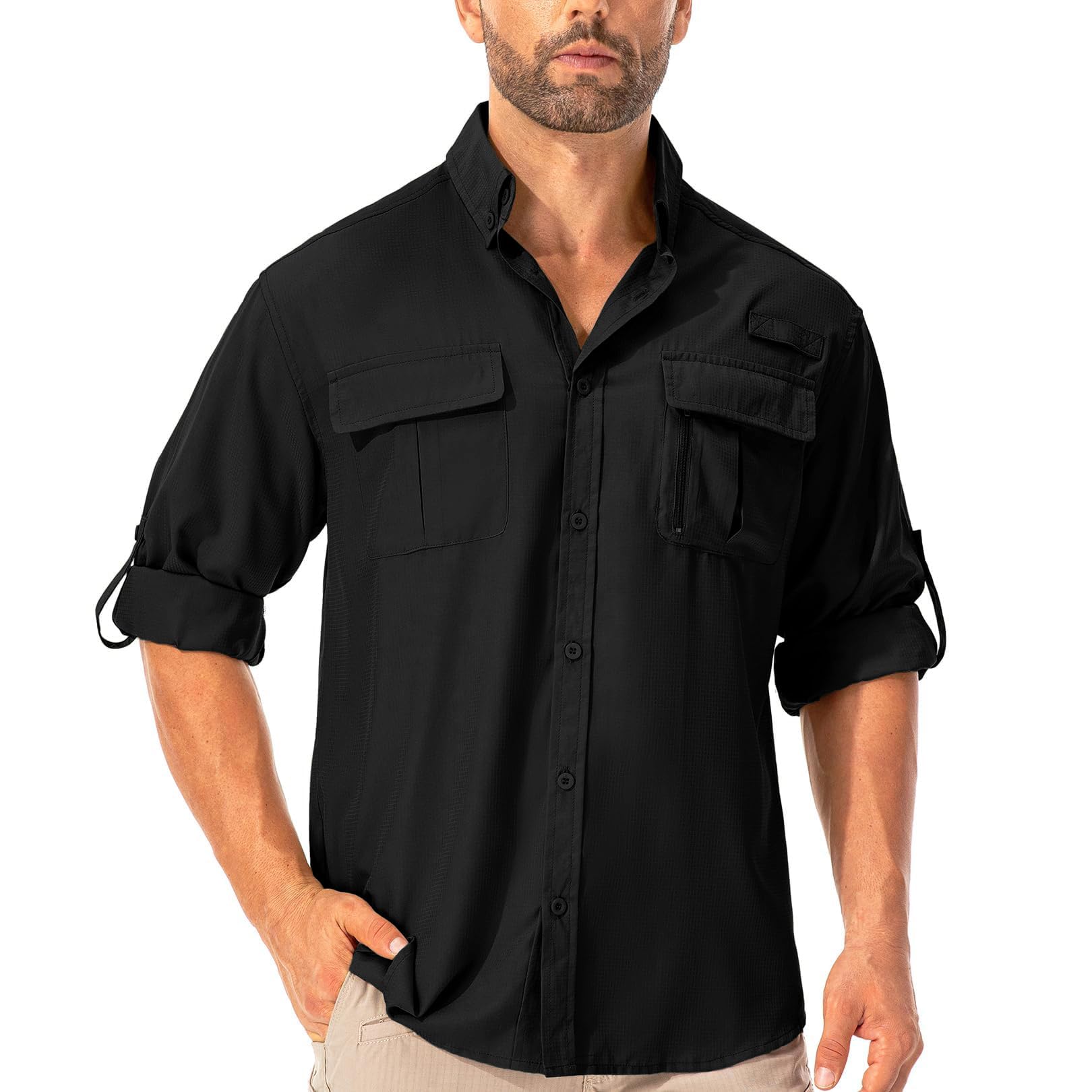 Asfixiado Hemd Herren Safari UPF50+ UV Schutz Wanderhemd Herren Langarm Funktionshemd Outdoorhemd Atmungsaktiv Schnelltrocknend Casual Button Down Shirts