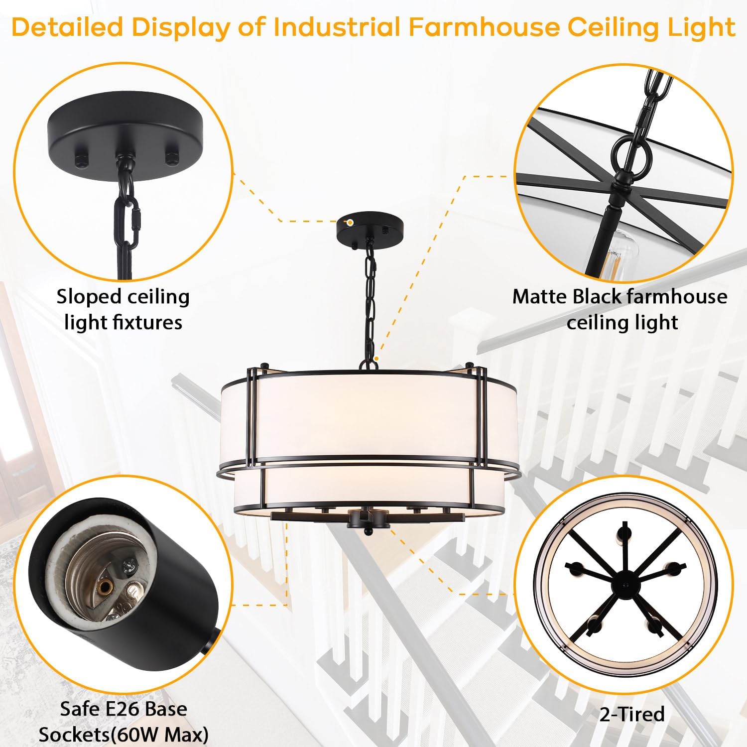 19.7" Drum Chandelier, Black Farmhouse Large Chandeliers for Dining Room 5-Lights Light Fixture Hanging Pendant Lighting with White Fabric Shade for Kitchen Living Room Foyer Entryway Bedroom