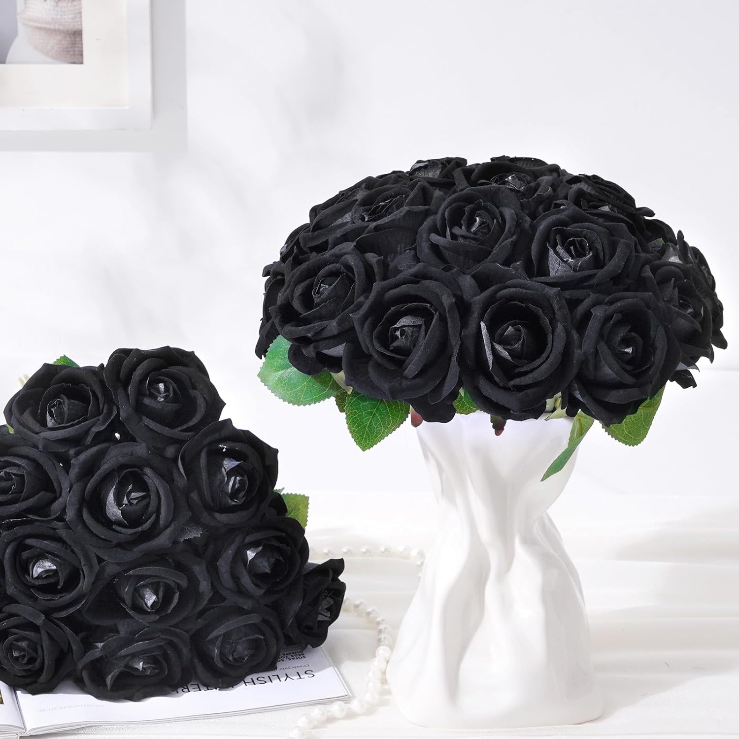 100 Pcs Black Roses Artificial Flowers, Real Touch Velvet Roses Bouquet Fake Flowers Bulk, Artificial Roses with Long Stems for Valentines Day Gift DIY Bridal Wedding Centerpiece Decorations - Image 3