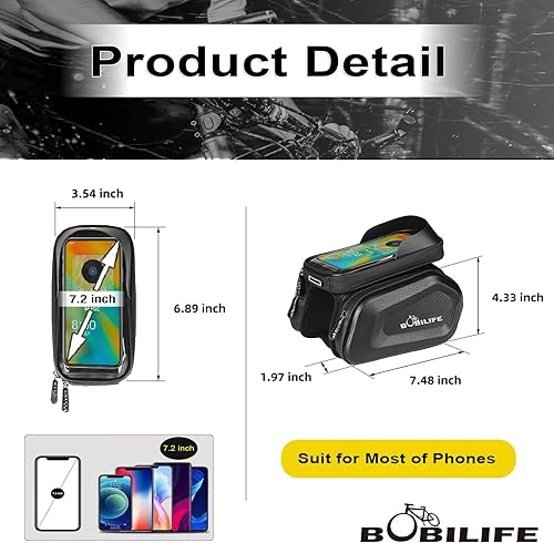 Miniatura 5 de Bolsa de tubo para marco de bicicleta con soporte táctil para teléfono, bolsa frontal impermeable de dos lados para manillar gemelos con bolsa de